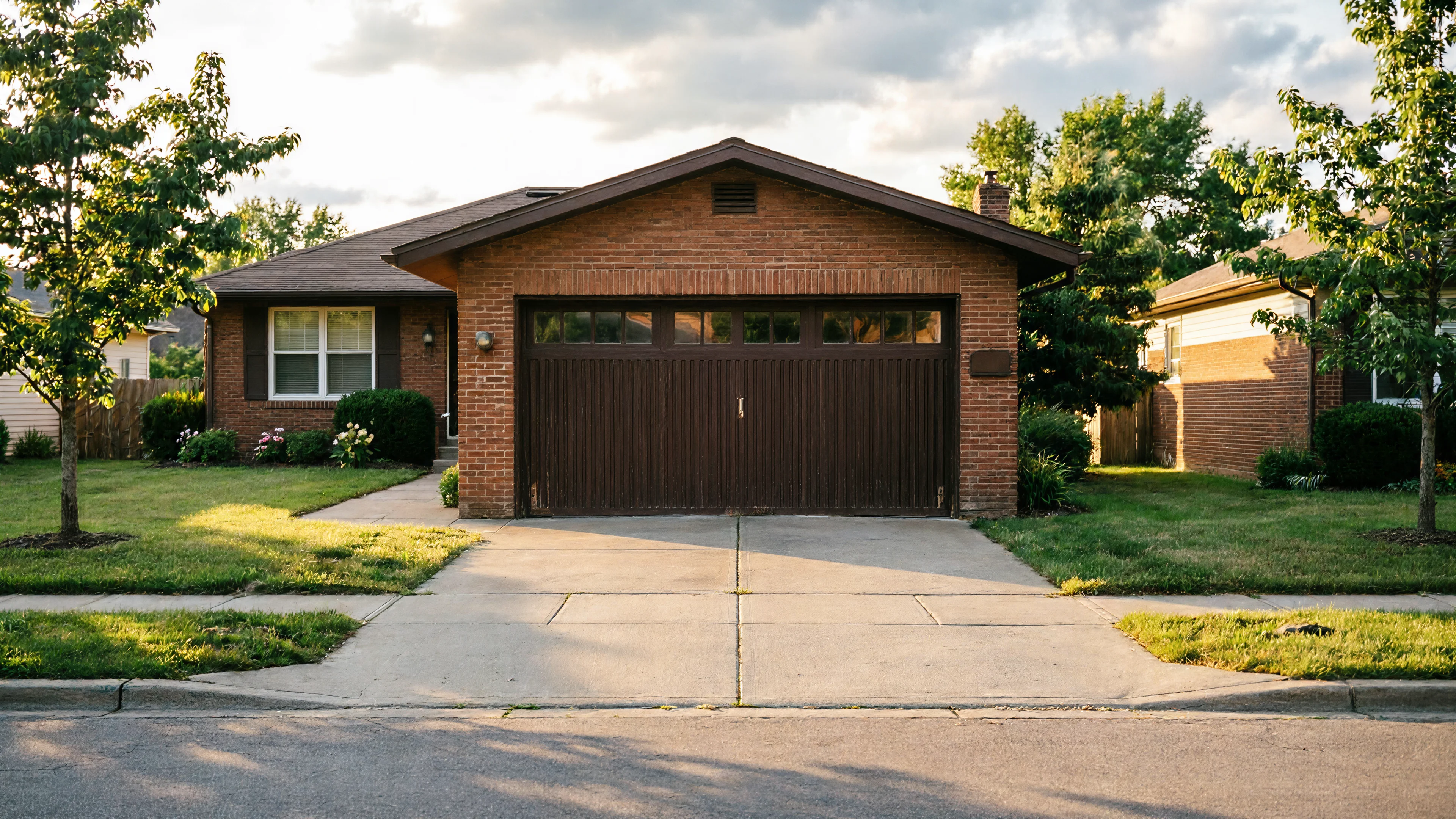 The house has a brown garage door with windows and a brick facade.